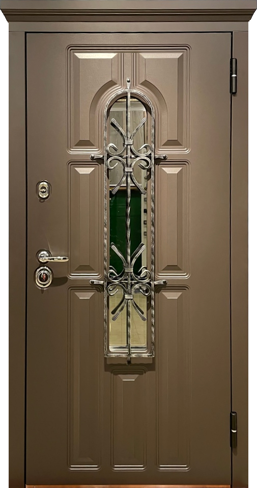 Дверь входная металлическая в коттедж с ковкой и стеклом ЛД-833 цвет антик
